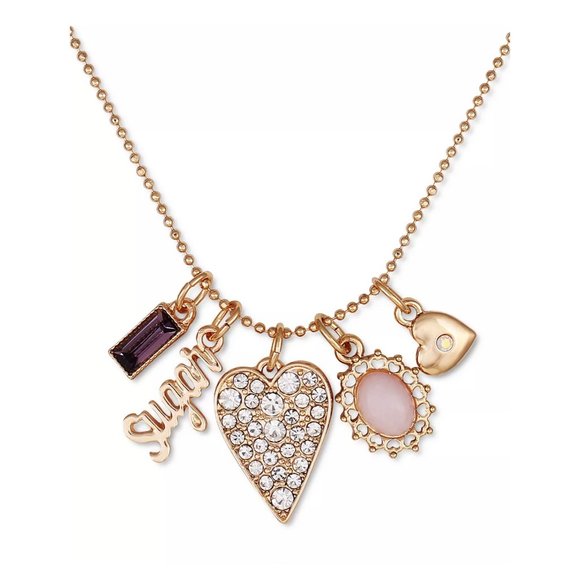 GUESS Stone & Pavé Valentine Theme Multi Charm Pendant Necklace Silver - Picture 1 of 2